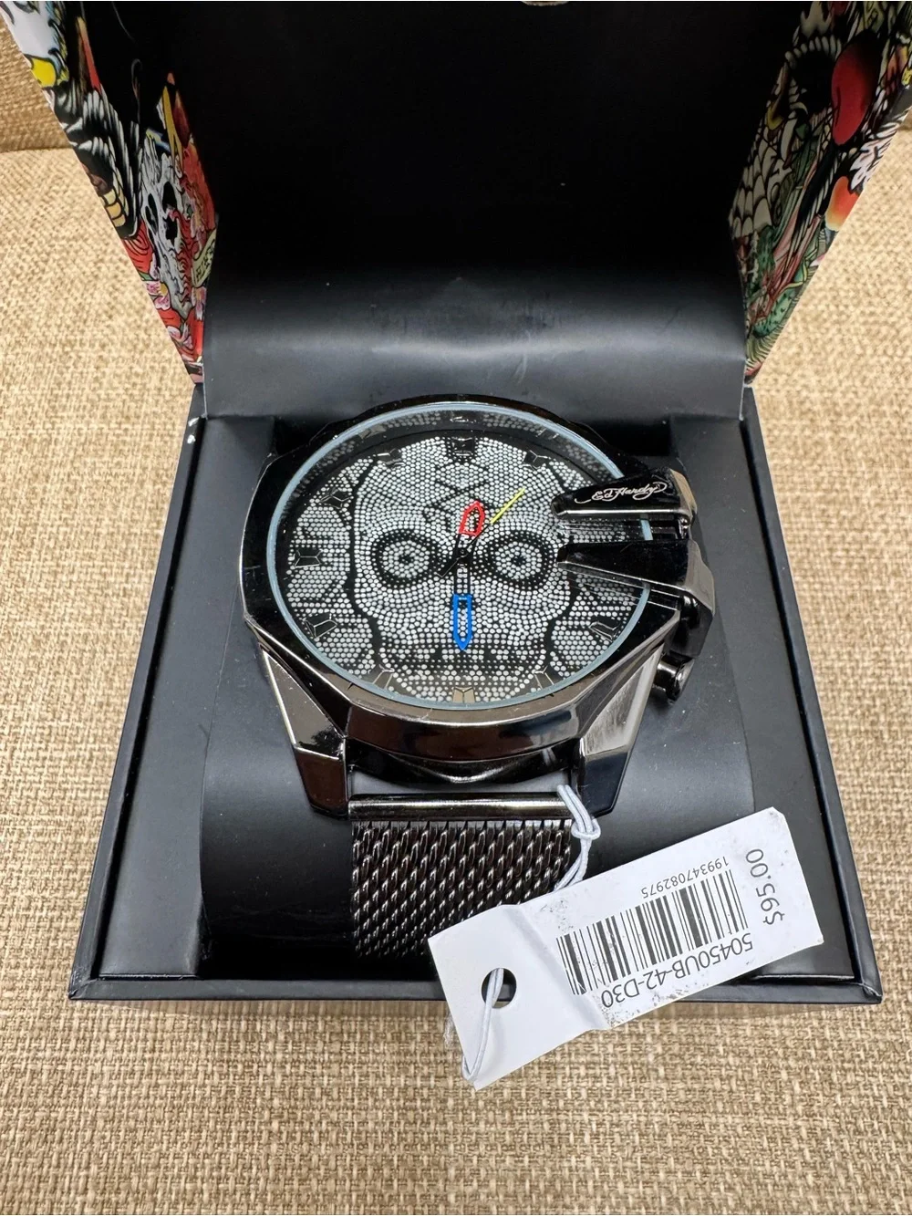 Ed Hardy Men’s Quartz Skull Dial Watch Black Mesh Band 46mm 30m Box……Retails $95